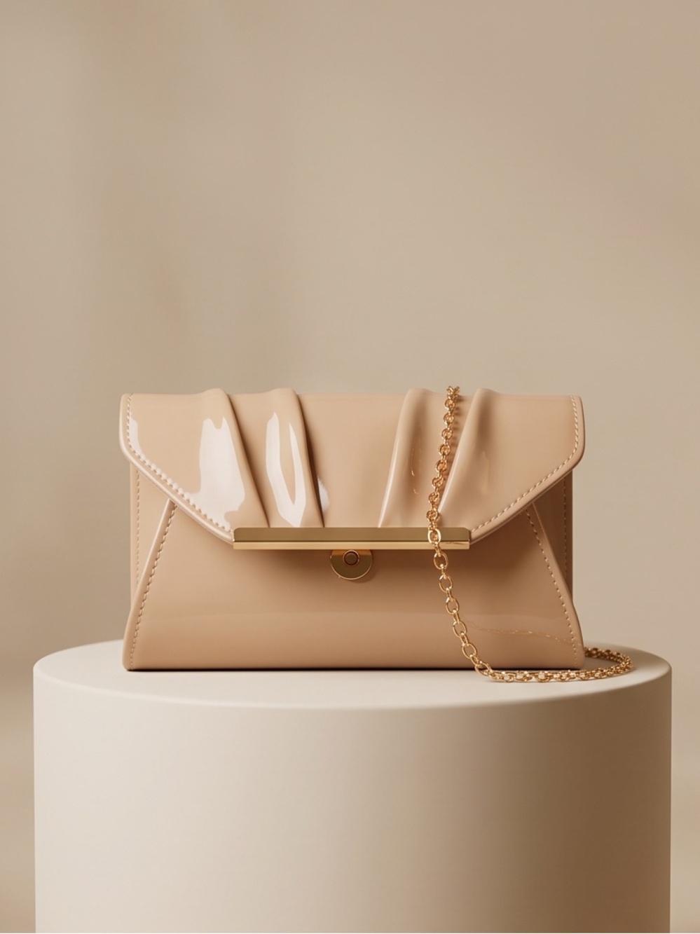 Patent Leather Beige Clutch with Gold Accent